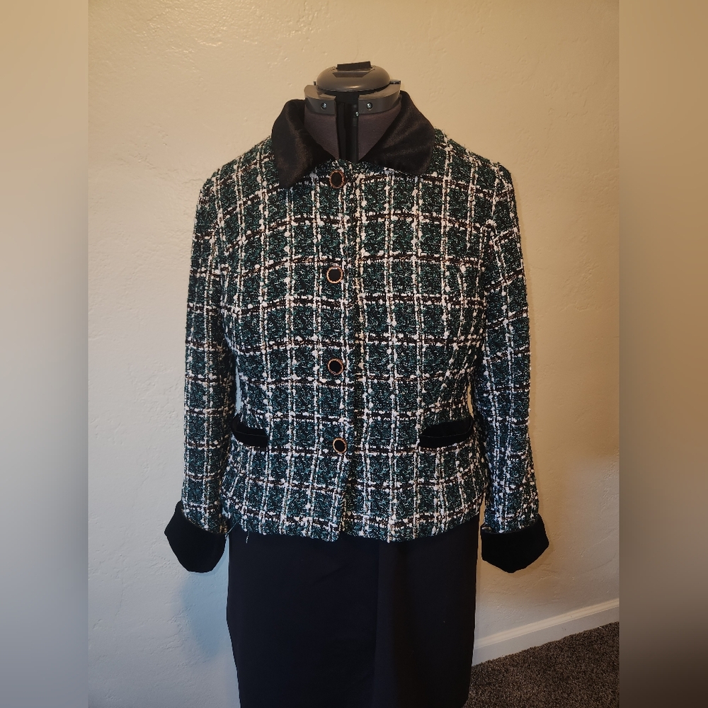 Allegra K Women's Green Plaid Tweed Jacket with Black Trim